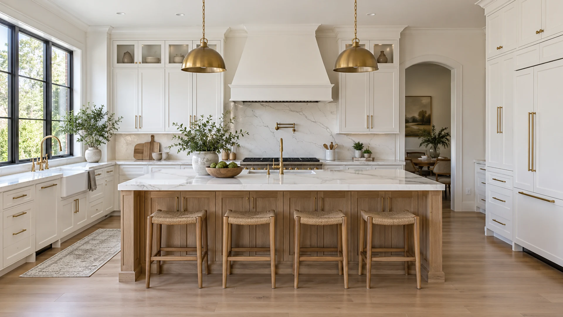 Bright kitchen with white cabinetry, a natural wood island and veined stone