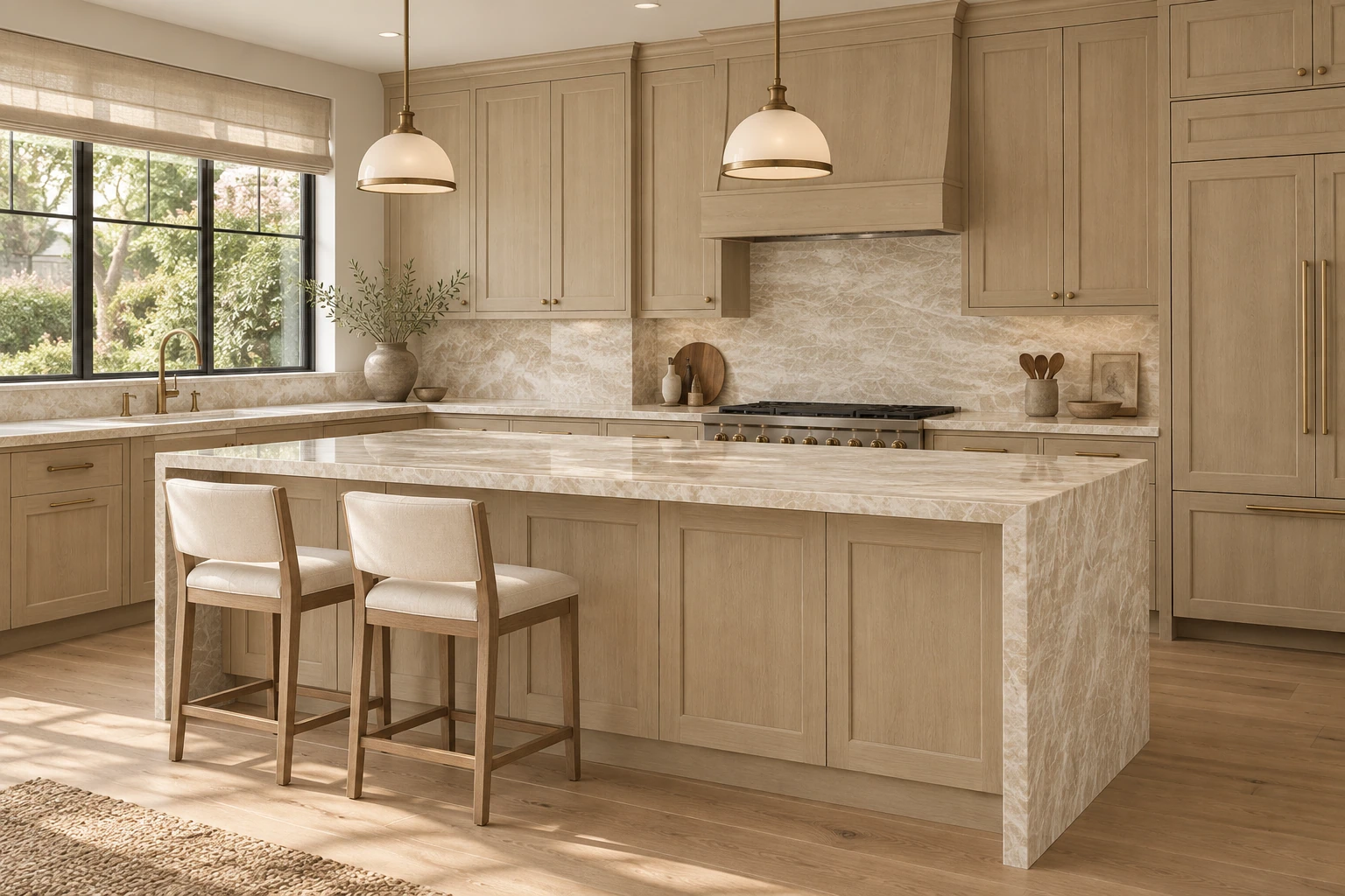 European White Oak cabinetry paired with Taj Mahal in the Garden Kitchen